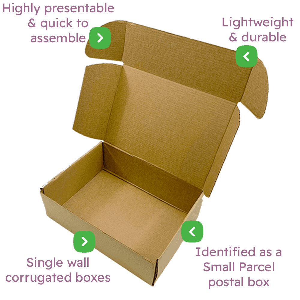 Brown PiP Small Parcel Postal Box – 295x176x76mm Infographic