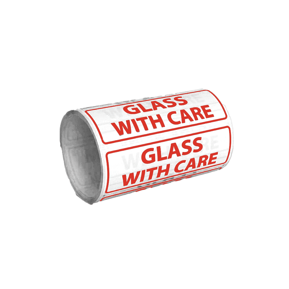 White & Red 'GLASS WITH CARE' Warning Labels - 152mmx50mm - Pack Of 1